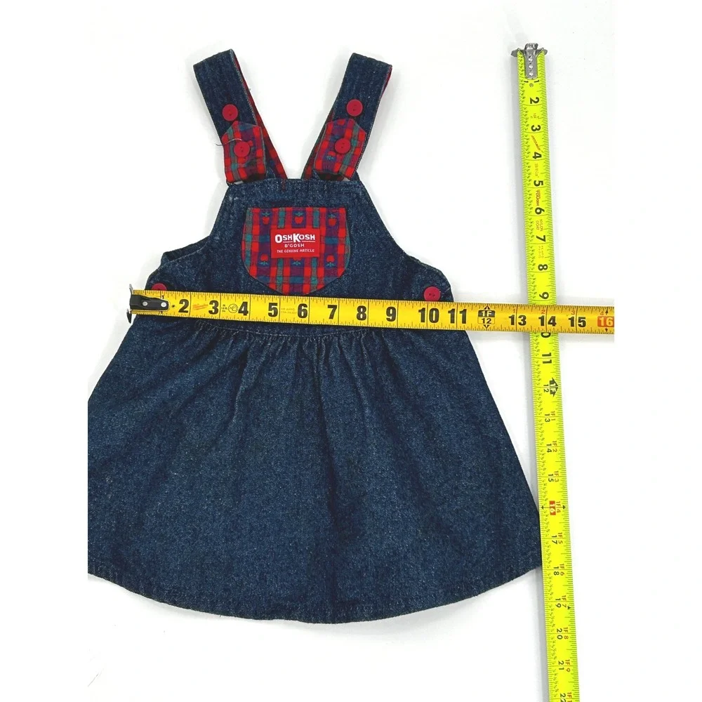 OshKosh Bgosh Vintage Girls 24M Denim Pinafore Dress Plaid Trim Made in USA Blue